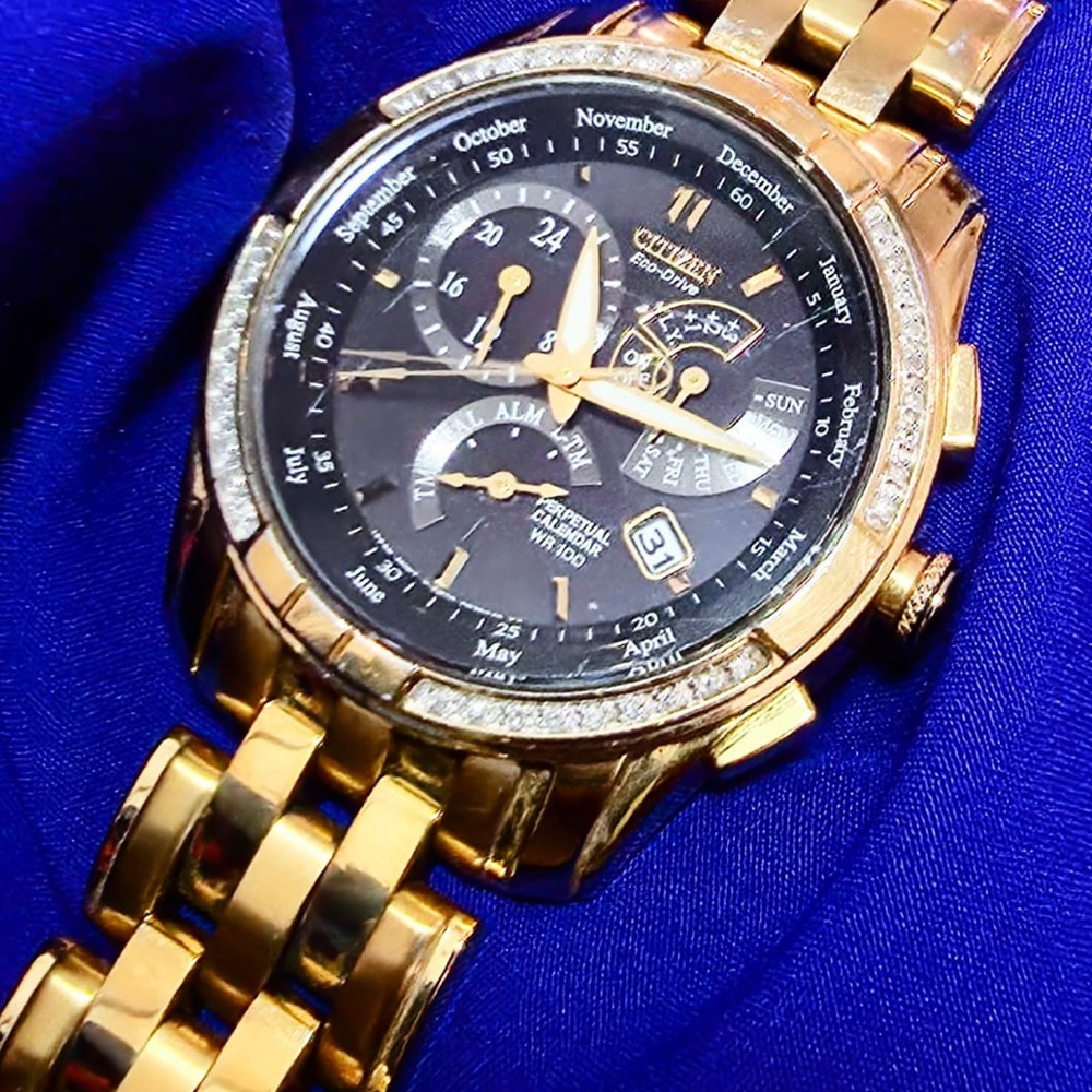 Citizen Corso Eco-Drive Perpetual Calendar Gold Tone Diamond Bezel Mens Watch - Picture 6 of 9